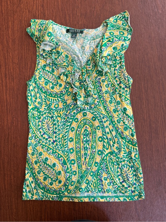 Ralph Lauren Tops - Ralph Lauren Green and Yellow Paisley Ruffle Lined Neck Top
